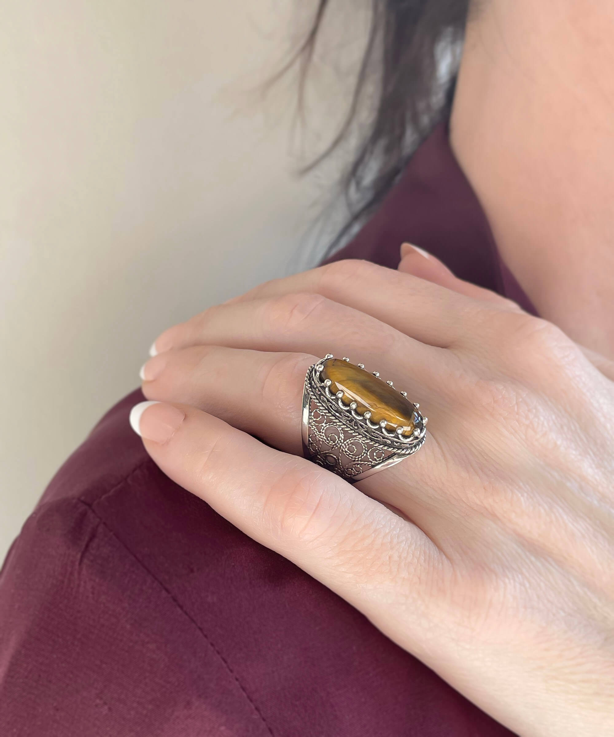 Exquisite Filigree Art Tiger Eye Silver Statement Ring for Women Bijou Her