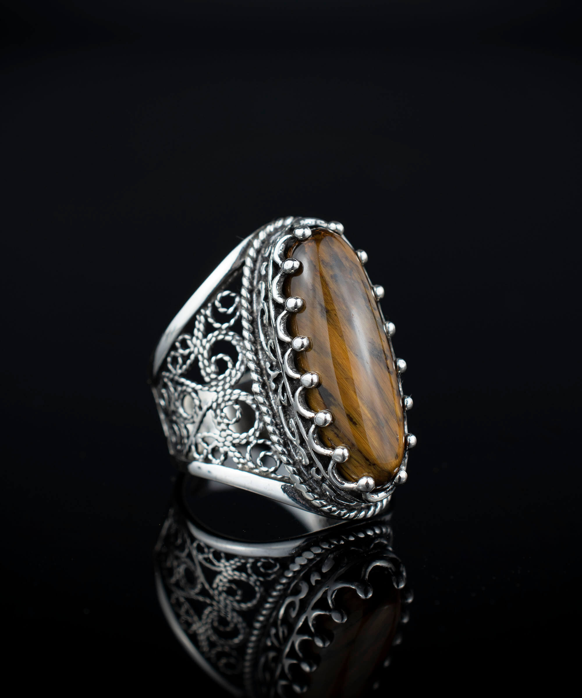 Exquisite Filigree Art Tiger Eye Silver Statement Ring for Women Bijou Her