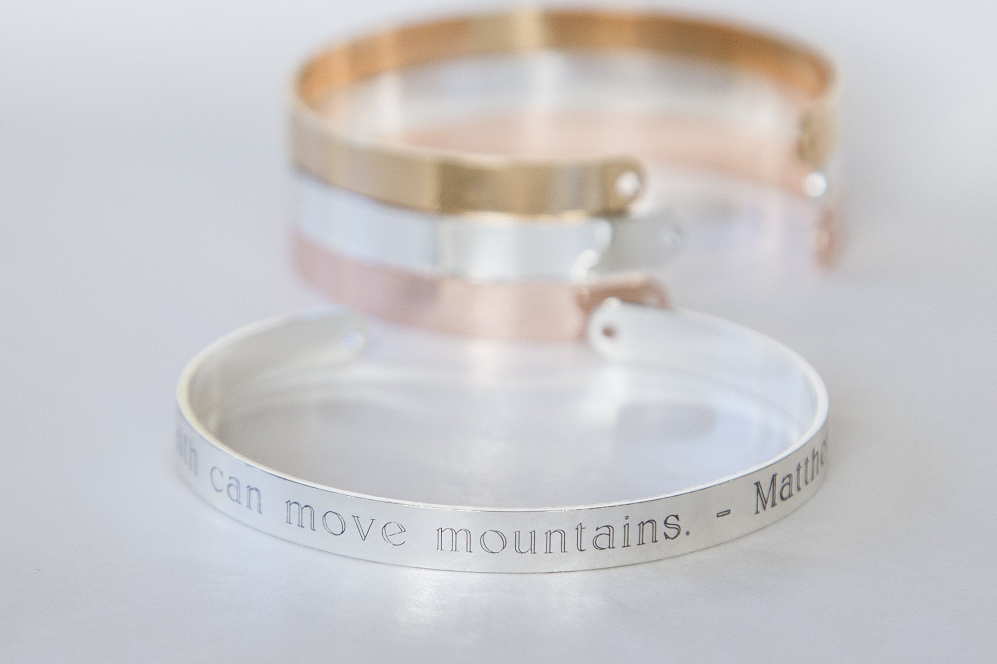 Faith Can Move Mountains Adjustable Religious Bracelet - Copper with Gold, Rose Gold or Silver Plating - Matthew 17:20 Quote - Fast Shipping Bijou Her