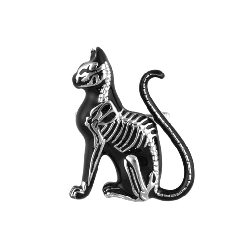 Feline Skeleton Pin - Stainless Steel with Black Epoxy - Morbidly Cute Accessory - 1.57" x 1.85" Size - Black Cat Design Bijou Her