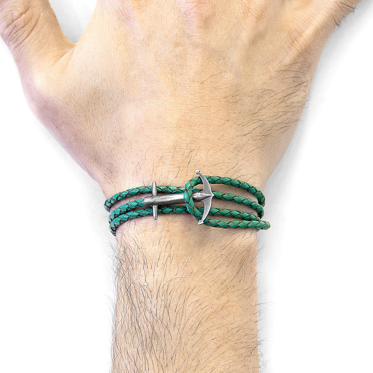 Fern Green Admiral Silver and Leather Bracelet - Handcrafted in Great Britain with Sterling Silver Anchor and Braided Leather Bijou Her