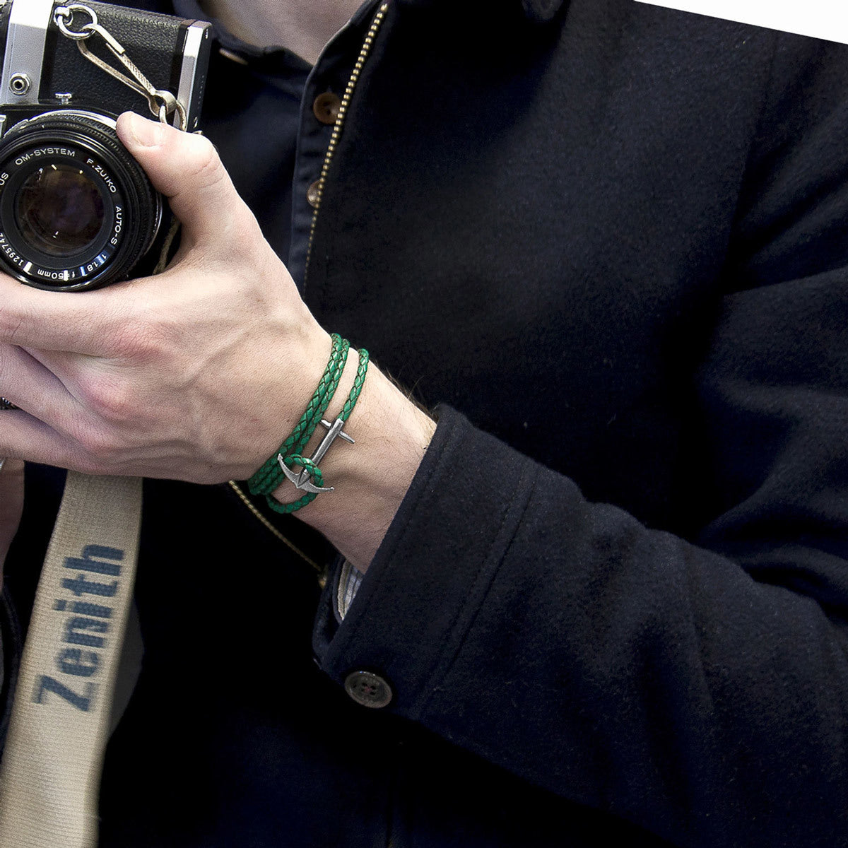 Fern Green Admiral Silver and Leather Bracelet - Handcrafted in Great Britain with Sterling Silver Anchor and Braided Leather Bijou Her