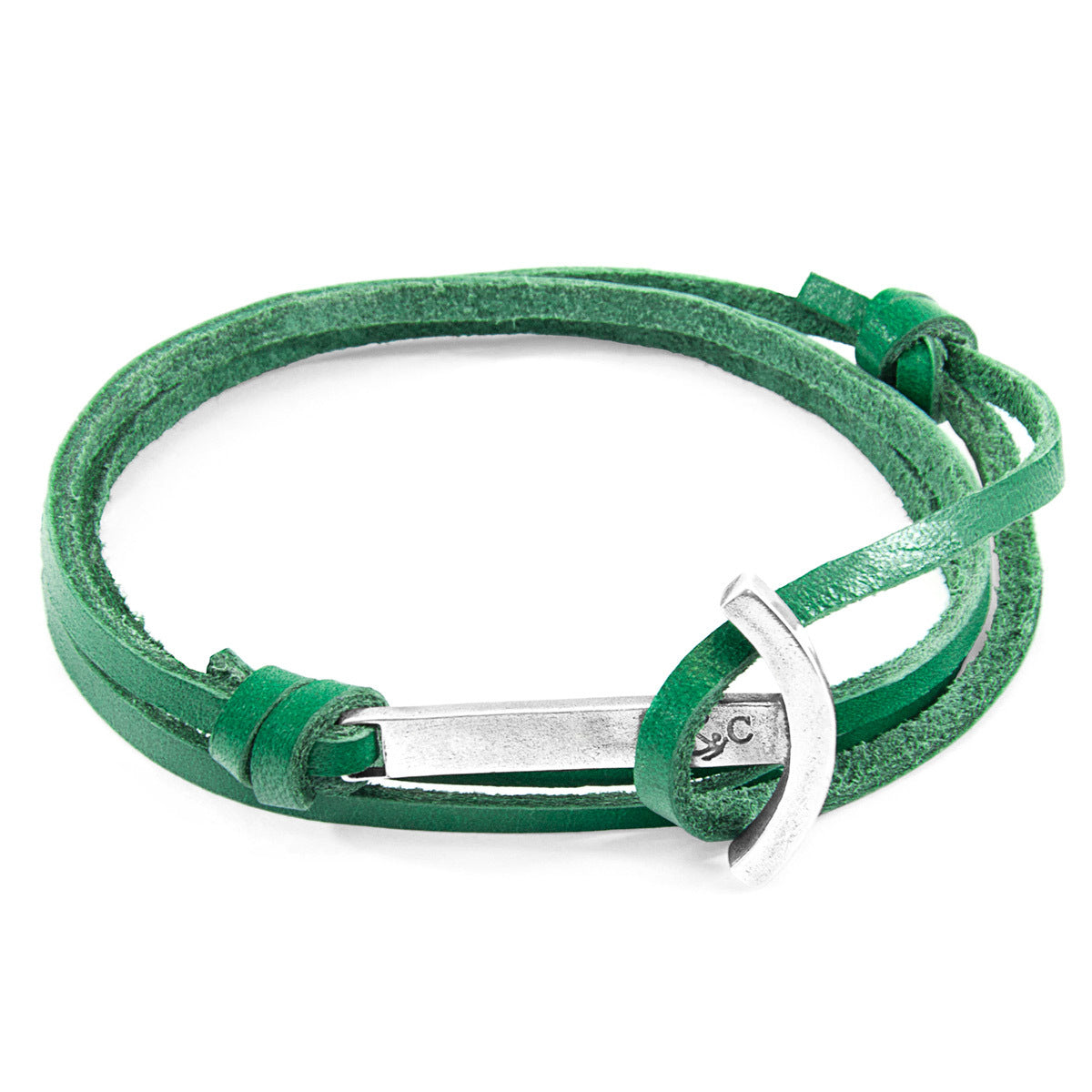 Fern Green Clipper Silver and Leather Bracelet - Handcrafted in Great Britain with Sterling Silver Anchor and Square-Shaped Leather Bijou Her