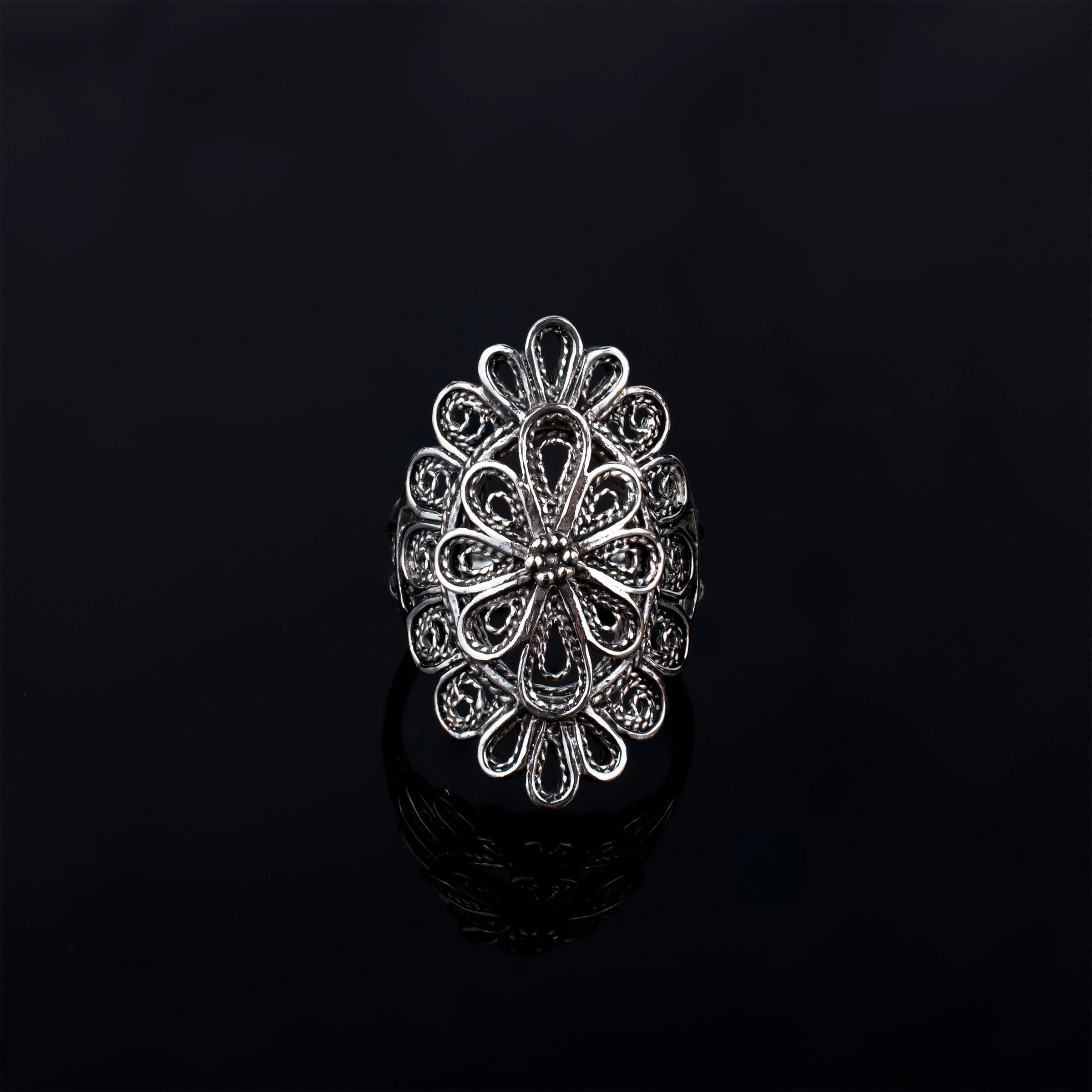 Filigree Art Lace Detailed Women Long Statement Silver Ring Bijou Her