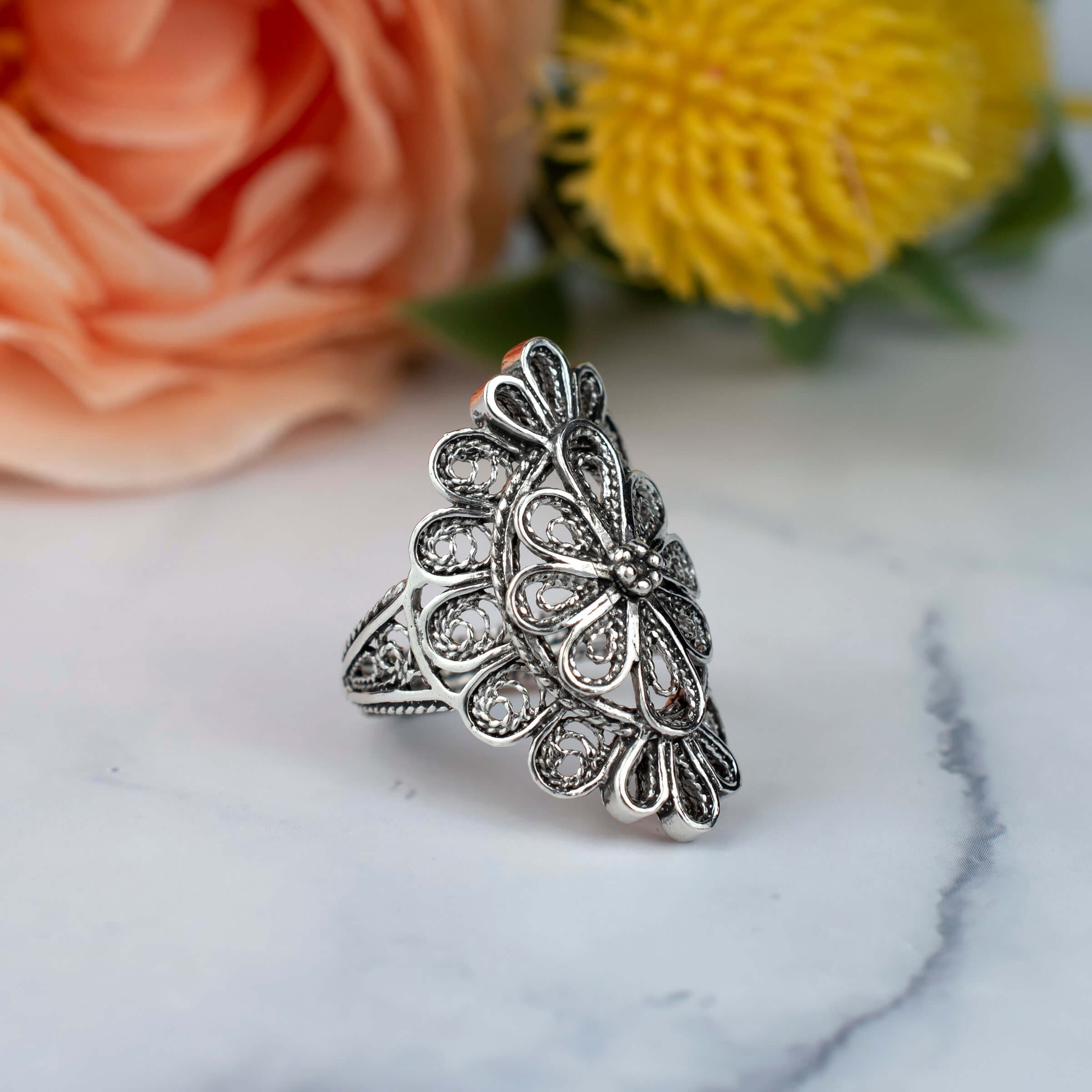 Filigree Art Lace Detailed Women Long Statement Silver Ring Bijou Her