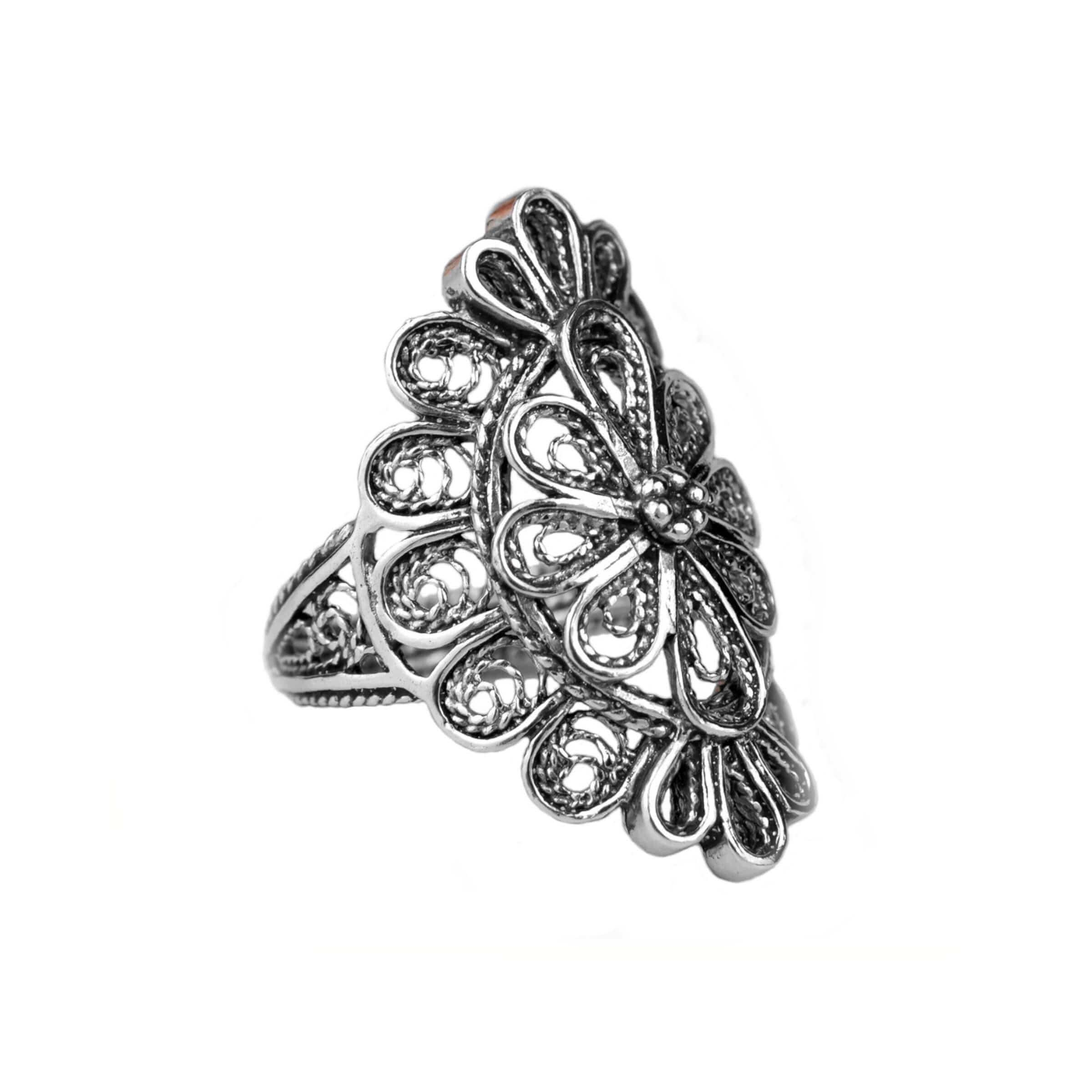 Filigree Art Lace Detailed Women Long Statement Silver Ring Bijou Her