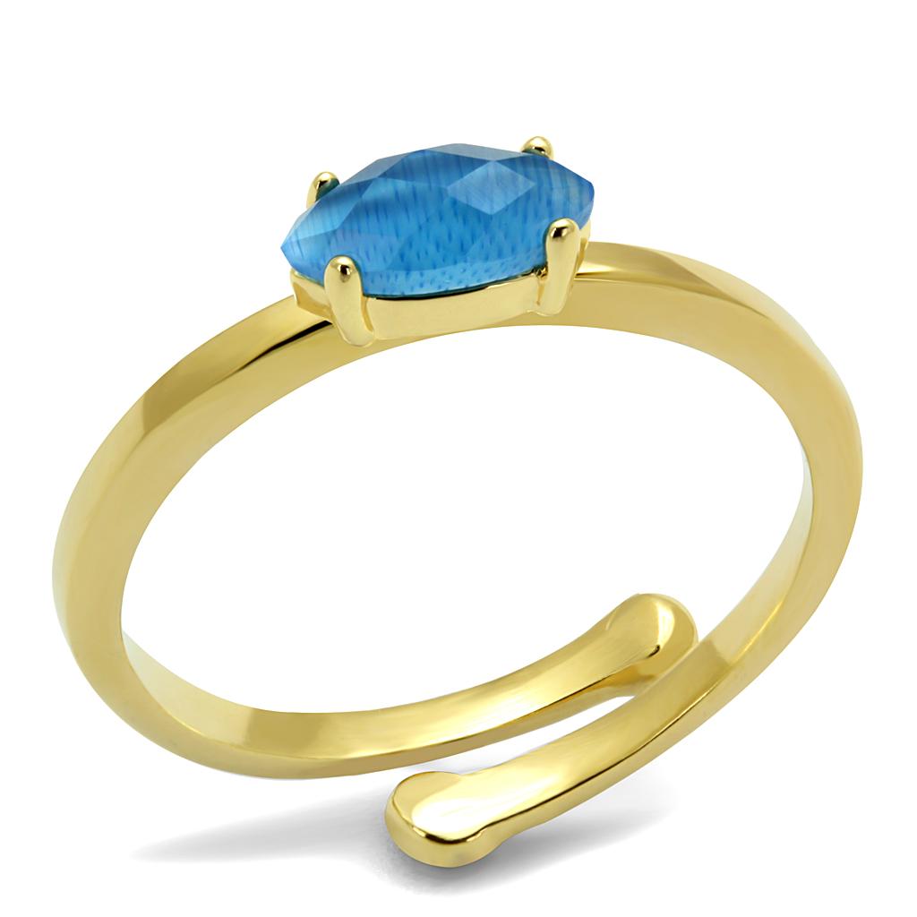 Flash Gold Brass Ring with Capri Blue Synthetic Cat Eye Stone - Adjustable and Stackable Bijou Her