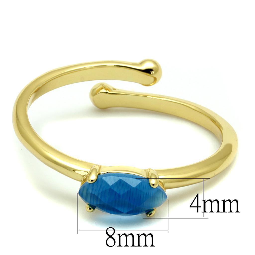 Flash Gold Brass Ring with Capri Blue Synthetic Cat Eye Stone - Adjustable and Stackable Bijou Her