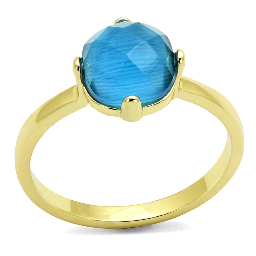 Flash Gold Brass Ring with Capri Blue Synthetic Cat Eye Stone - Backordered Bijou Her