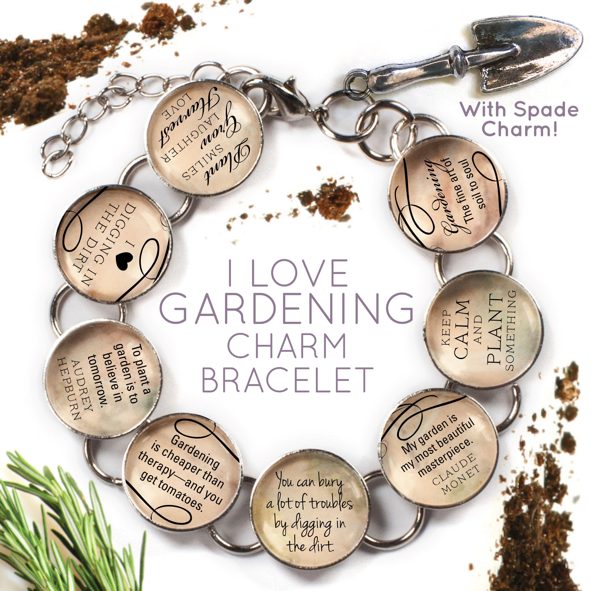 Gardening Charm Bracelet with Glass Charms and Spade Dangle Bijou Her