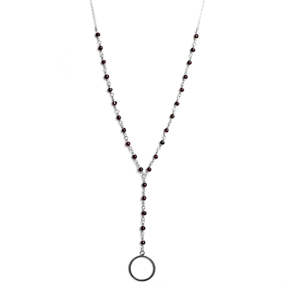 Garnet Drop Pendant Sterling Silver Necklace - Handcrafted in USA
Keywords: beaded chain, birthstone necklace, drop pendant necklace, garnet, january birthstone, open circle pendant, sterling silver, Y necklace

Note: The original title was too Bijou Her