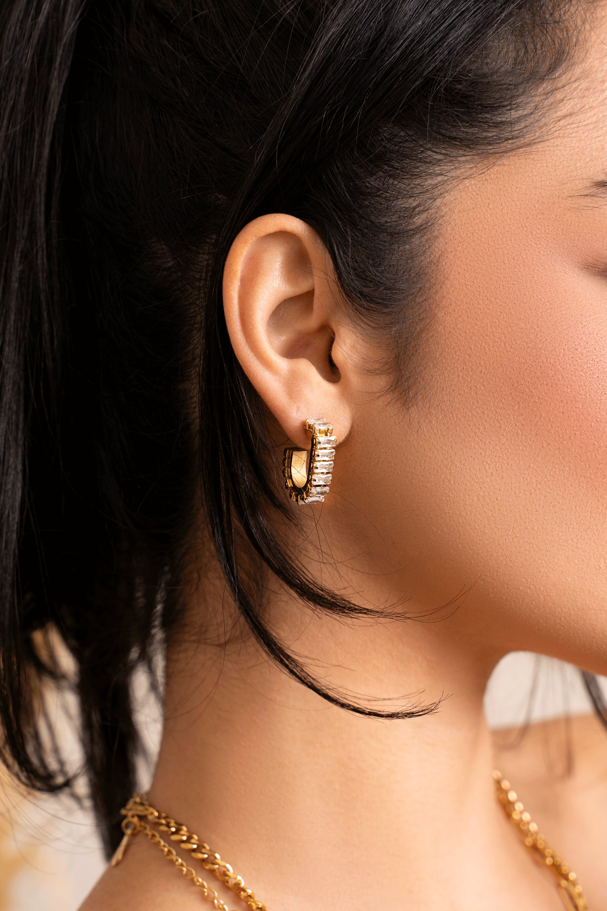 Gemma Hoops - 18K Gold Plated Stainless Steel Earrings with Baguette Cut Stones Bijou Her