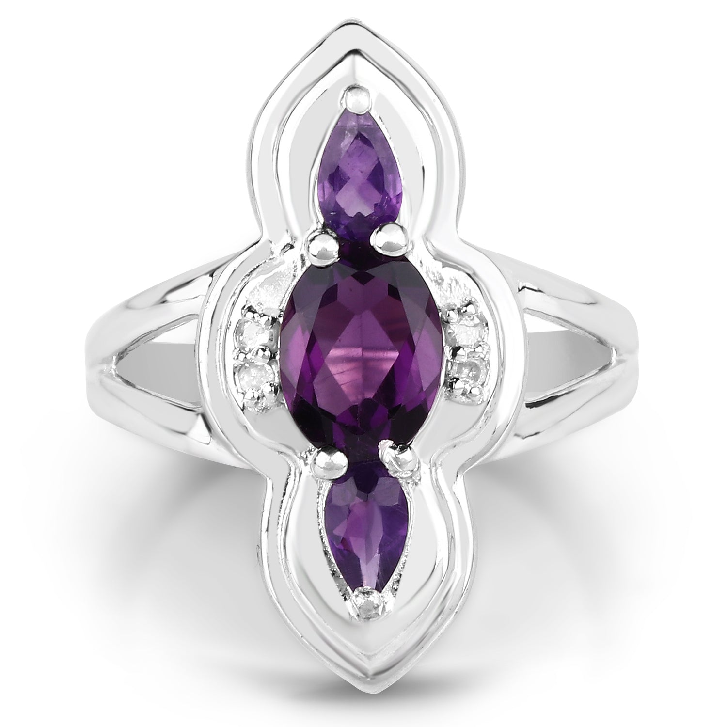 Genuine Amethyst and White Diamond Sterling Silver Ring - 1.58 ctw, February Birthstone, 3 Stone Design for Women, Gift for Sister, Mother or Her Bijou Her