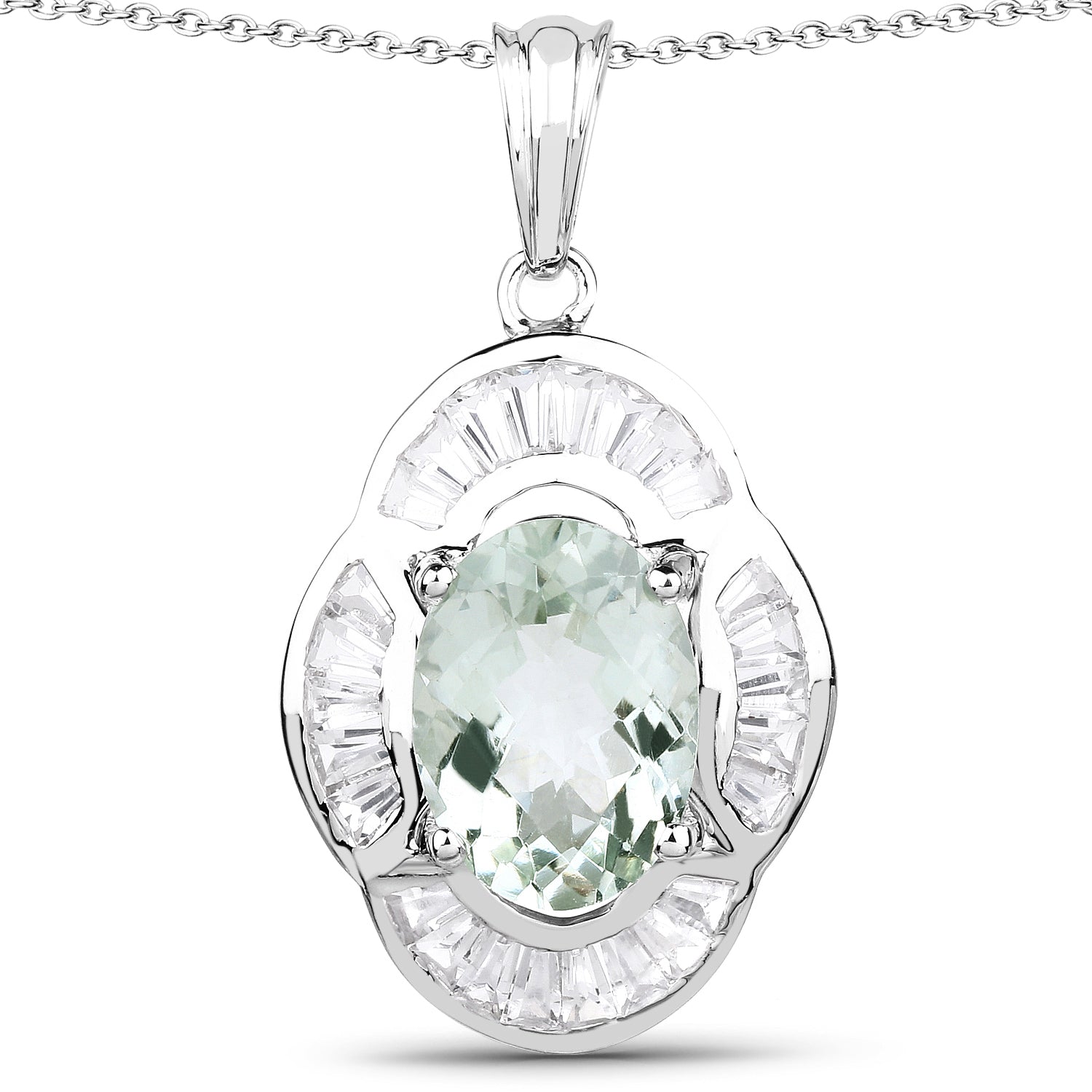 Genuine Green Amethyst and White Topaz Solitaire Pendant in Sterling Silver - 6.76 ctw Bijou Her