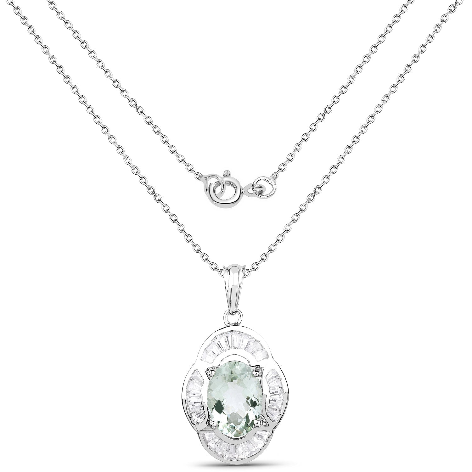 Genuine Green Amethyst and White Topaz Solitaire Pendant in Sterling Silver - 6.76 ctw Bijou Her