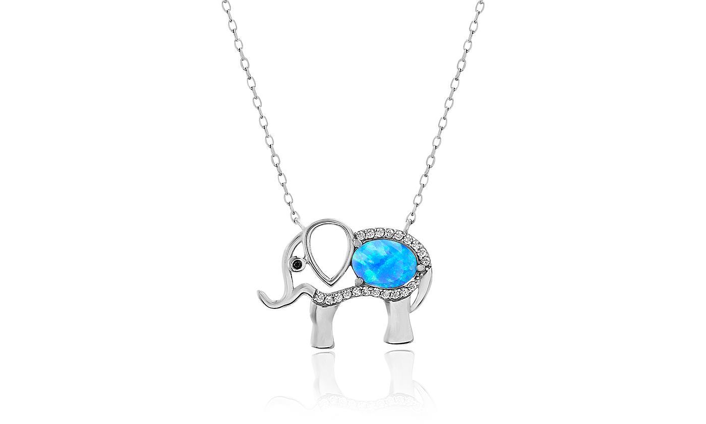 Genuine Opal Elephant Necklace with Crystals - 18K Gold Plated, Hypoallergenic, Made in Italy Bijou Her