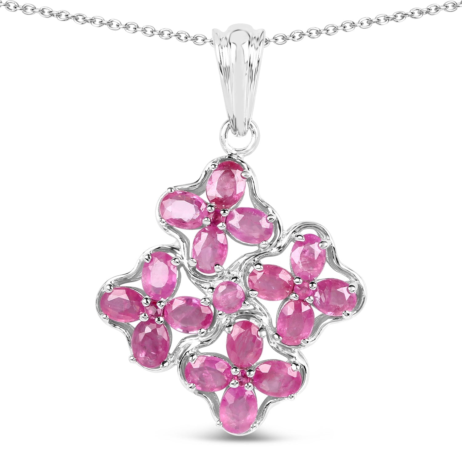 Genuine Ruby Floral Pendant in Sterling Silver, 3.72 ctw, July Birthstone Gift for Women Bijou Her