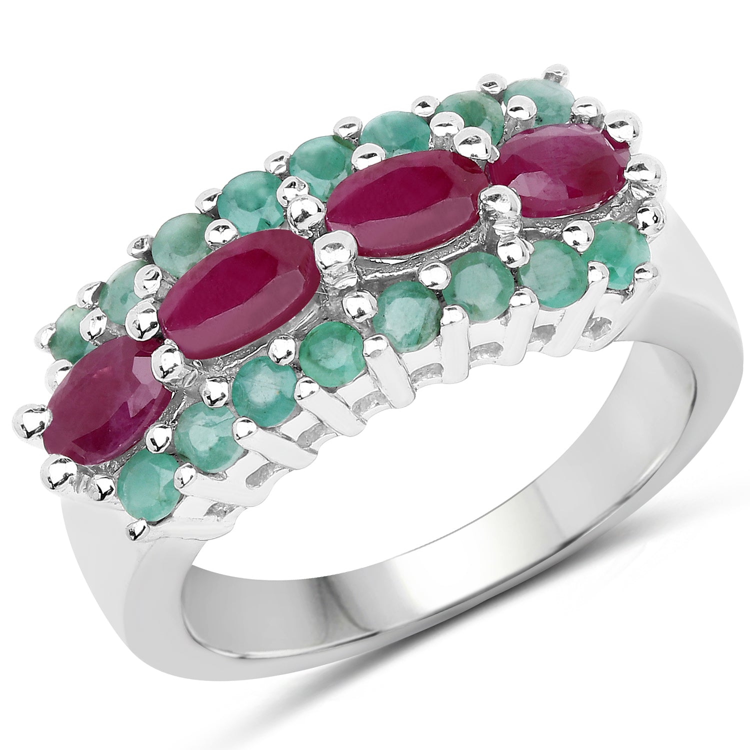 Genuine Ruby and Emerald Sterling Silver Cocktail Ring - 1.56 ctw, Women's Jewelry Bijou Her