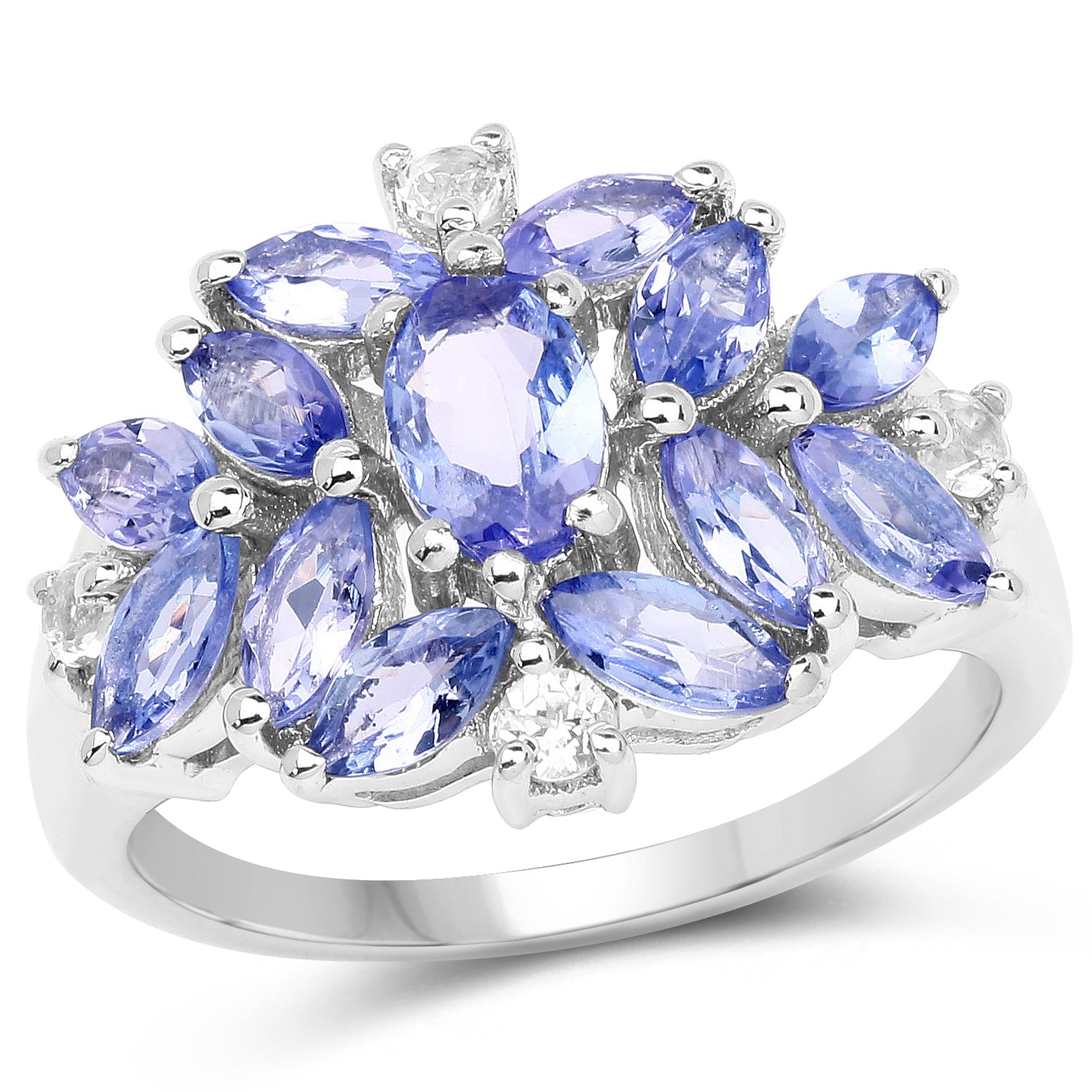 Genuine Tanzanite and White Topaz Sterling Silver Ring - 2.44 Carat Oval and Marquise Stones, December Birthstone, Women's Cluster Ring Bijou Her