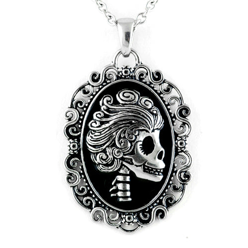 Ghoulish Damsel Cameo Necklace: Macabre Glamour in Stainless Steel Bijou Her