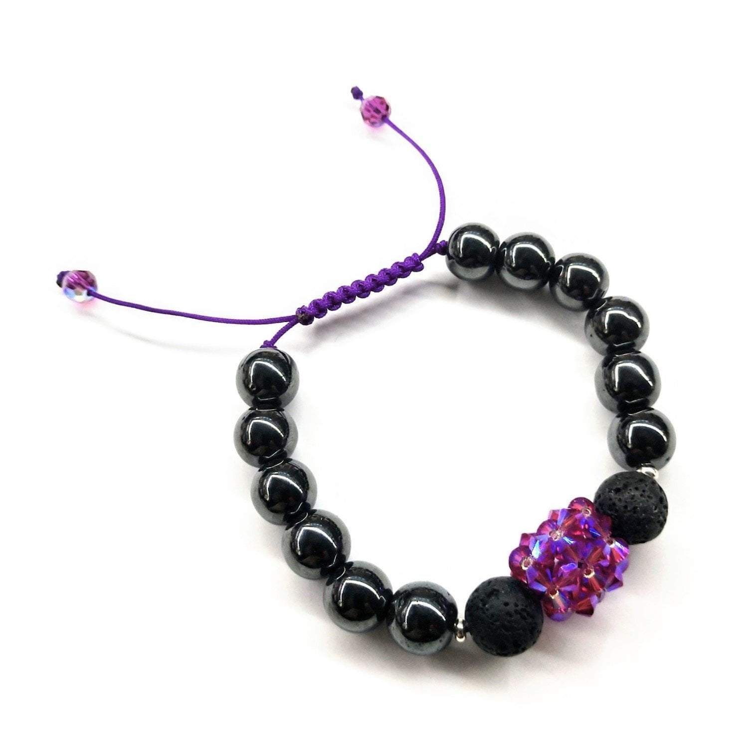 Glamorous Hematite and Fuchsia Crystal Lava Rock Bracelet - Adjustable Lengths, Sterling Silver Spacers, Maui Lava Beads Bijou Her
