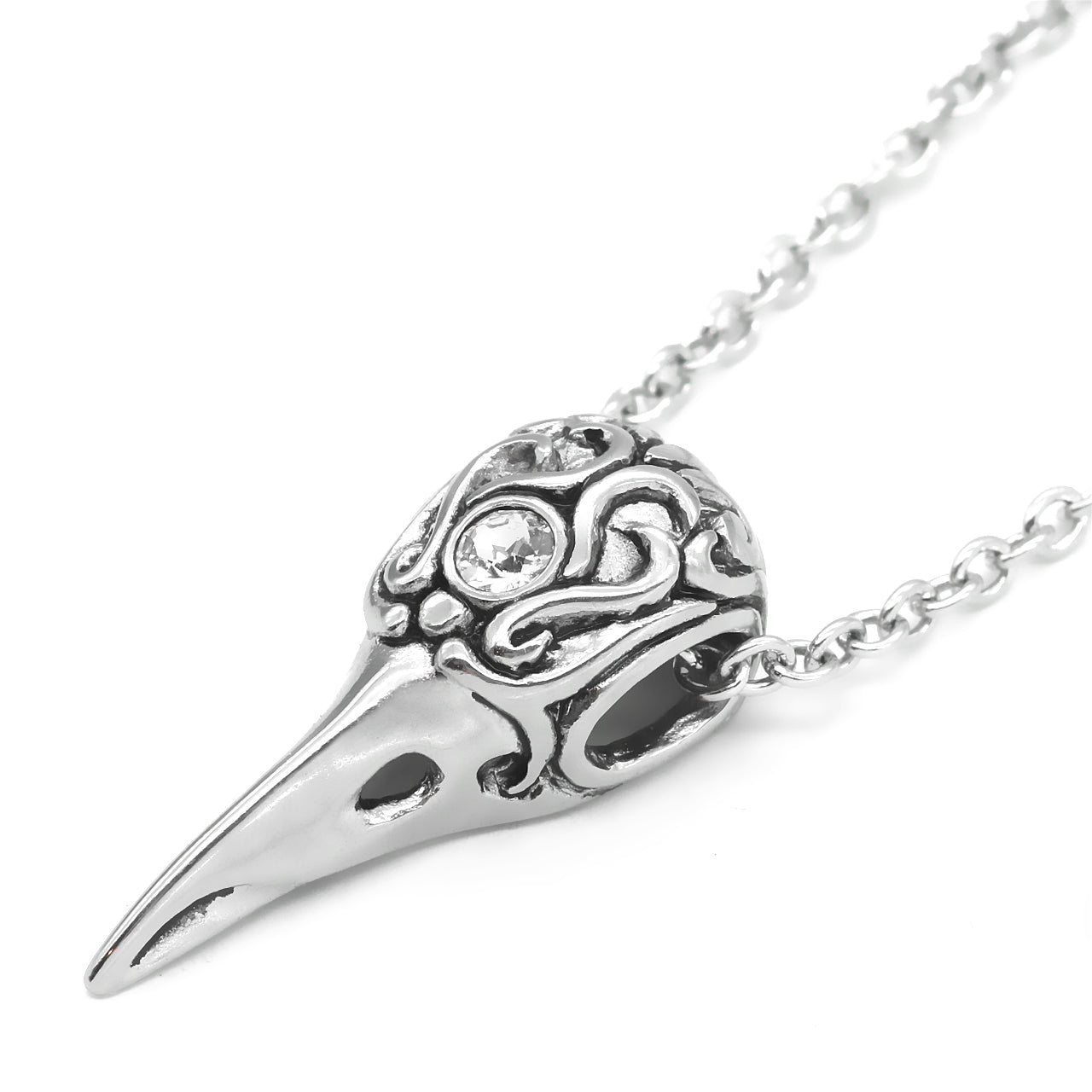 Glimmering Raven Skull Necklace with White Swarovski Crystal Pendant Bijou Her