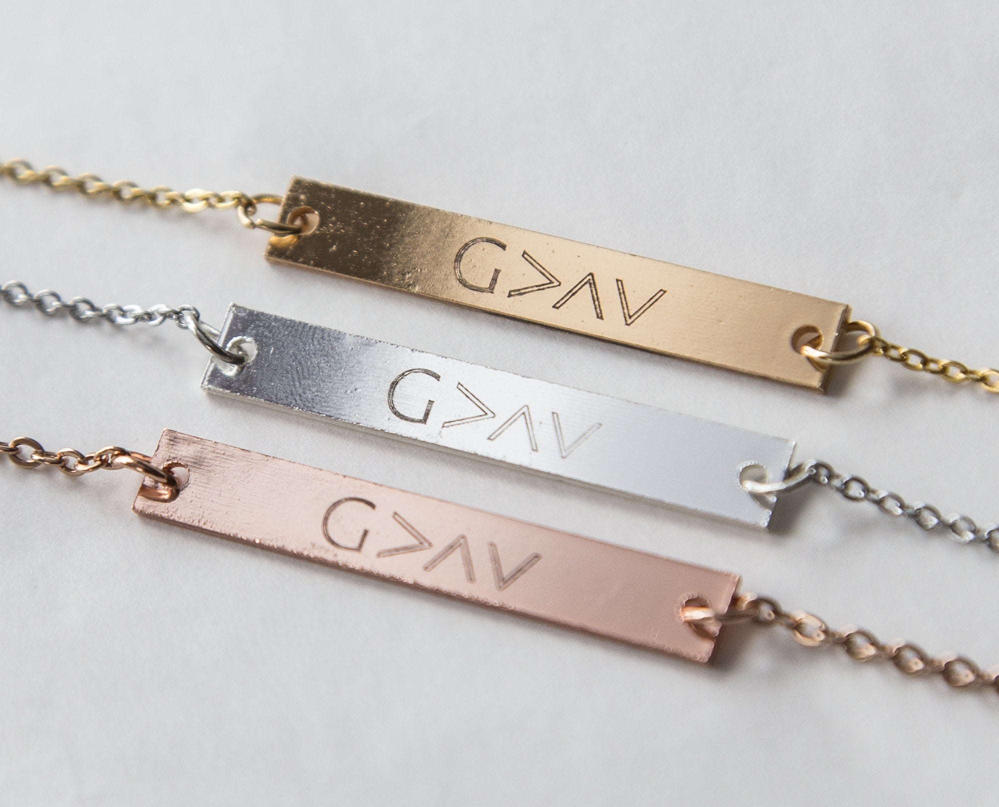 God Is Greater Bar Necklace - Engravable Christian Gift in Copper and Gold Plating Bijou Her