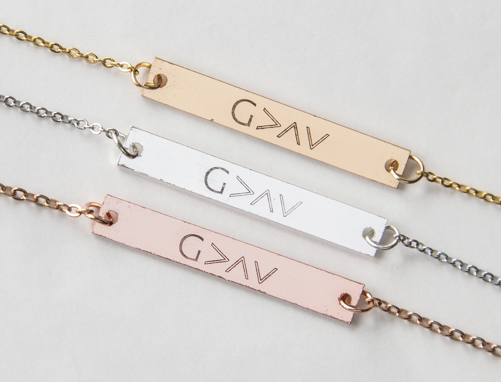 God Is Greater Bar Necklace - Engravable Christian Gift in Copper and Gold Plating Bijou Her