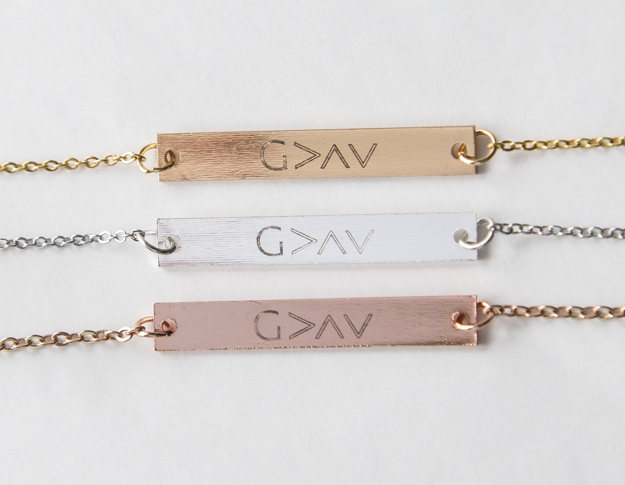 God Is Greater Bar Necklace - Engravable Christian Gift in Copper and Gold Plating Bijou Her