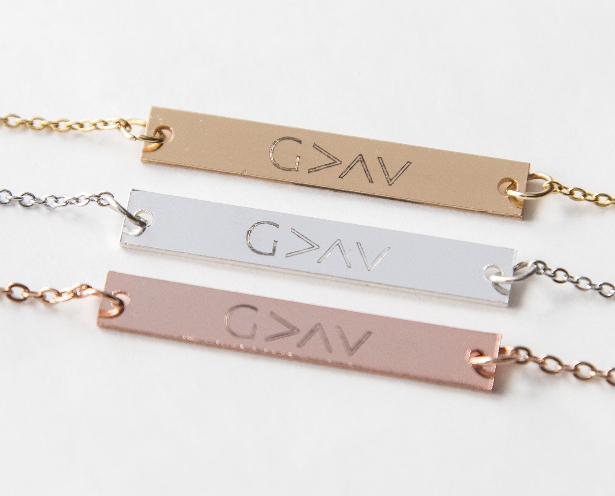 God Is Greater Bar Necklace - Engravable Christian Gift in Copper and Gold Plating Bijou Her