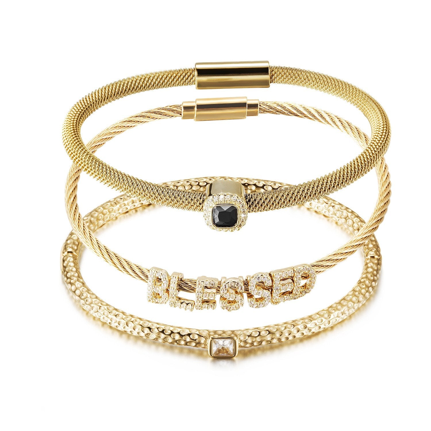 Gold Blessed Bangle Set - CZ Stones, Hypoallergenic, Hinged Closure Bijou Her