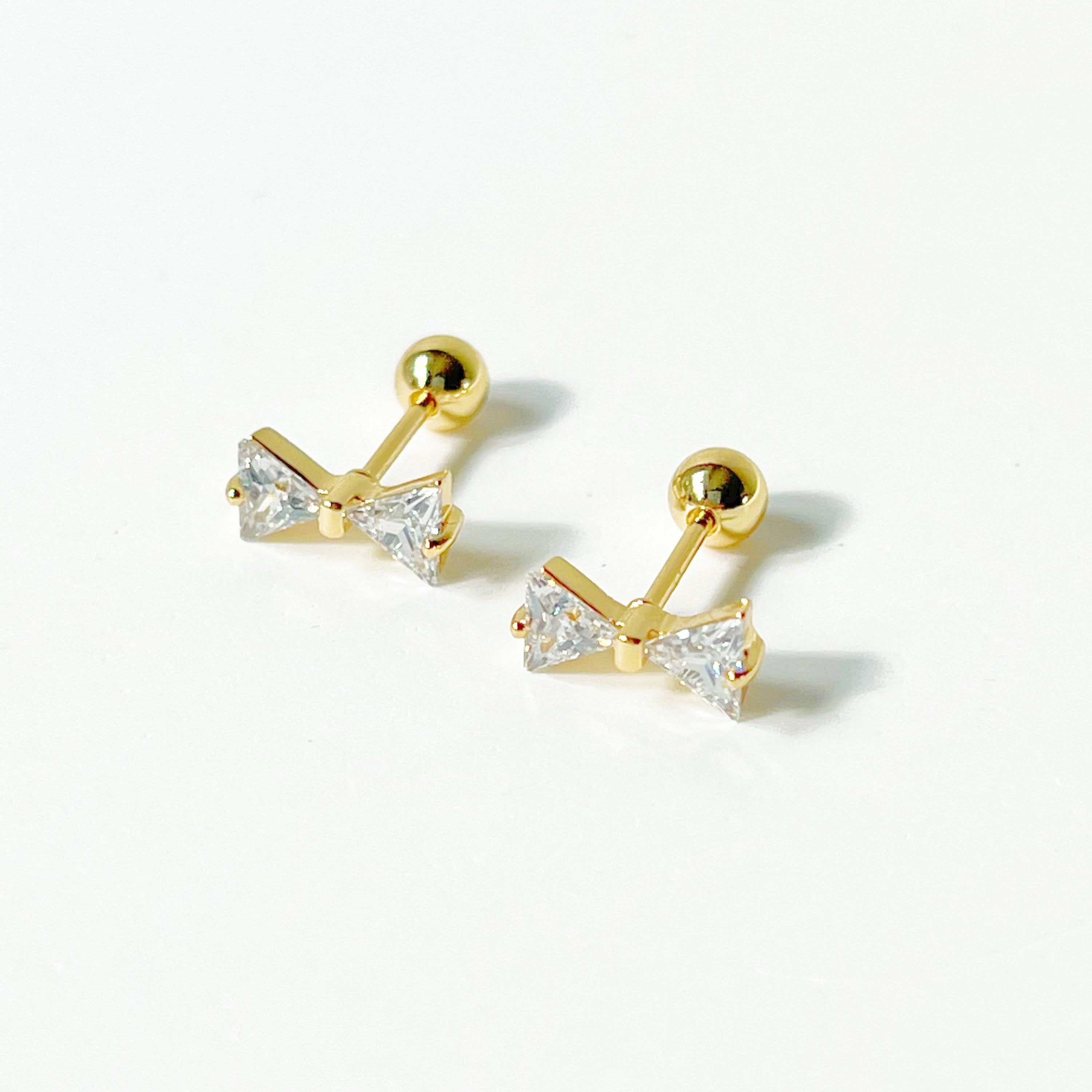 Gold Bow Zircon Stud Earrings - Small Size Hypoallergenic Jewelry Bijou Her