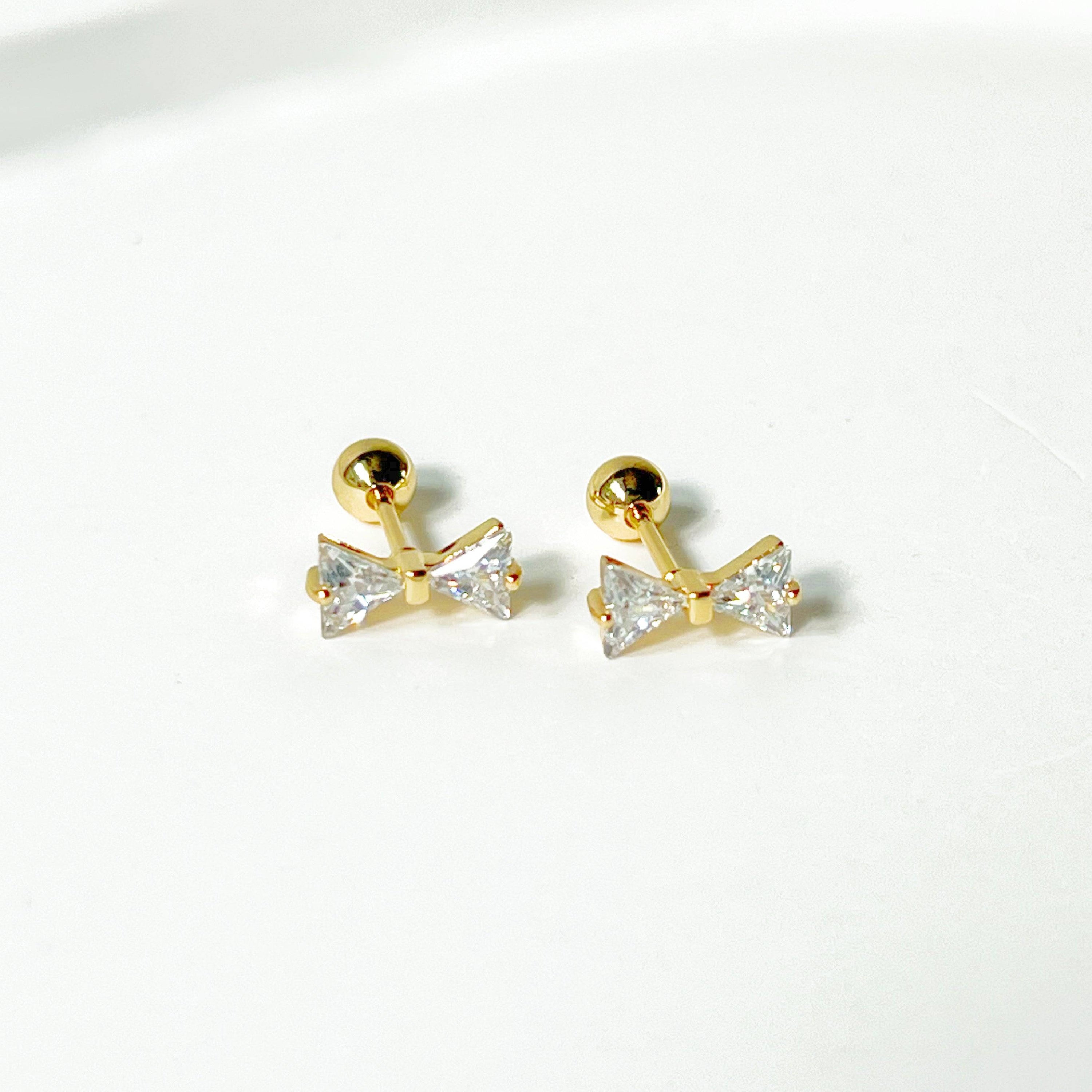 Gold Bow Zircon Stud Earrings - Small Size Hypoallergenic Jewelry Bijou Her