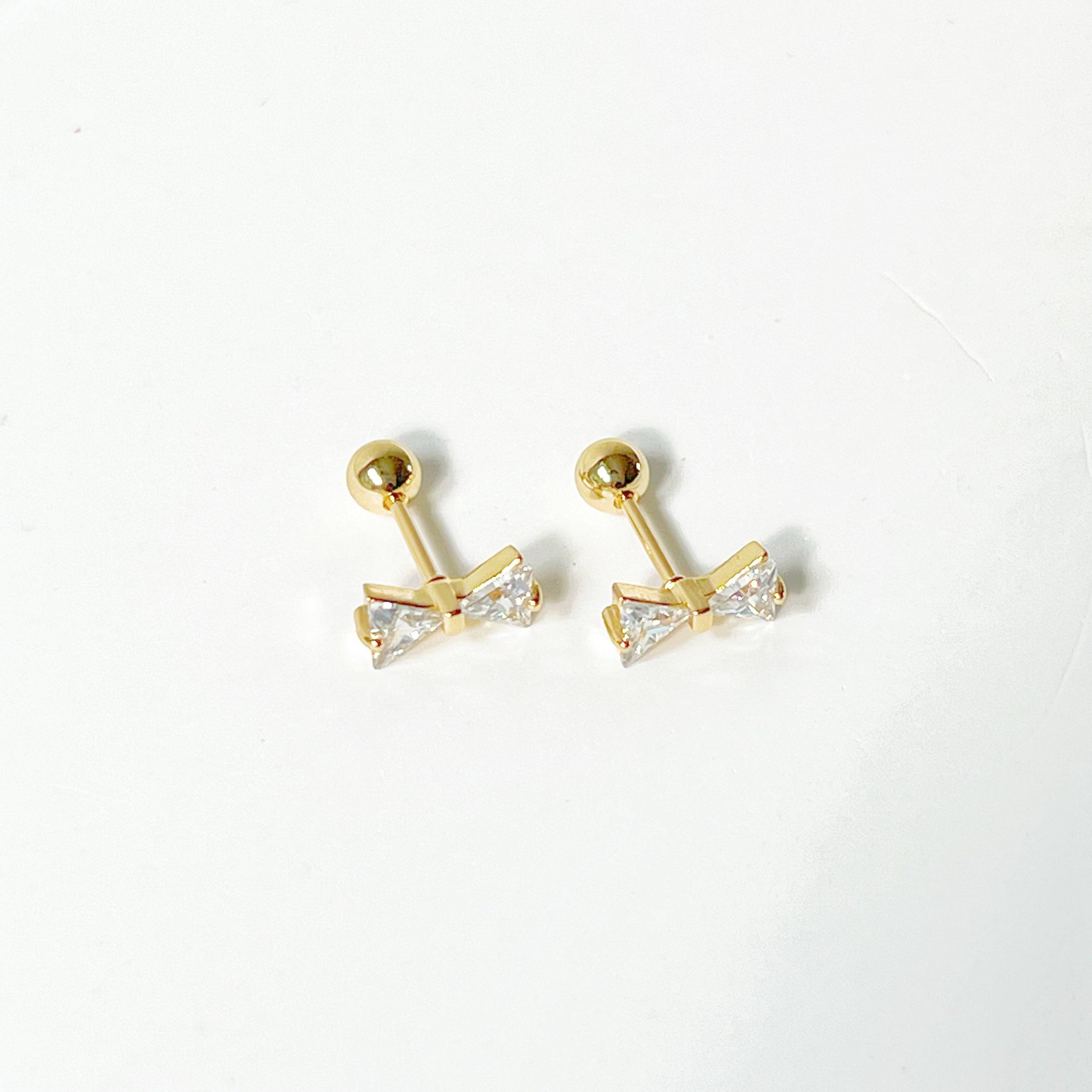 Gold Bow Zircon Stud Earrings - Small Size Hypoallergenic Jewelry Bijou Her