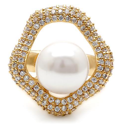 Gold Brass Ring with Synthetic Pearl - White Center Stone - 8.60g - 12mm Size Bijou Her