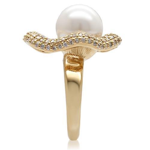 Gold Brass Ring with Synthetic Pearl - White Center Stone - 8.60g - 12mm Size Bijou Her