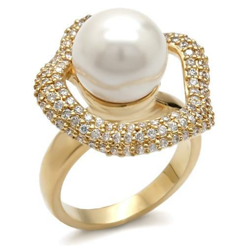 Gold Brass Ring with Synthetic Pearl - White Center Stone - 8.60g - 12mm Size Bijou Her