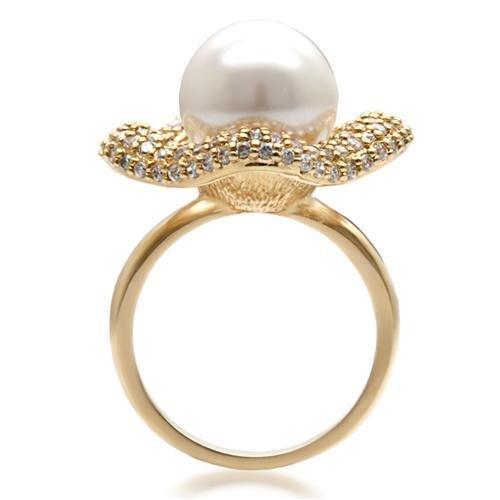 Gold Brass Ring with Synthetic Pearl - White Center Stone - 8.60g - 12mm Size Bijou Her