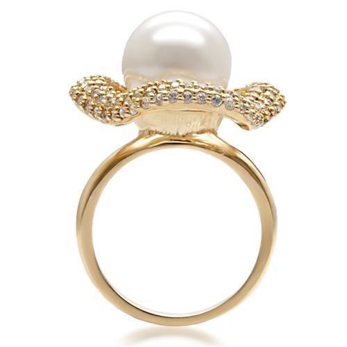 Gold Brass Ring with Synthetic Pearl - White Center Stone - 8.60g - 12mm Size Bijou Her