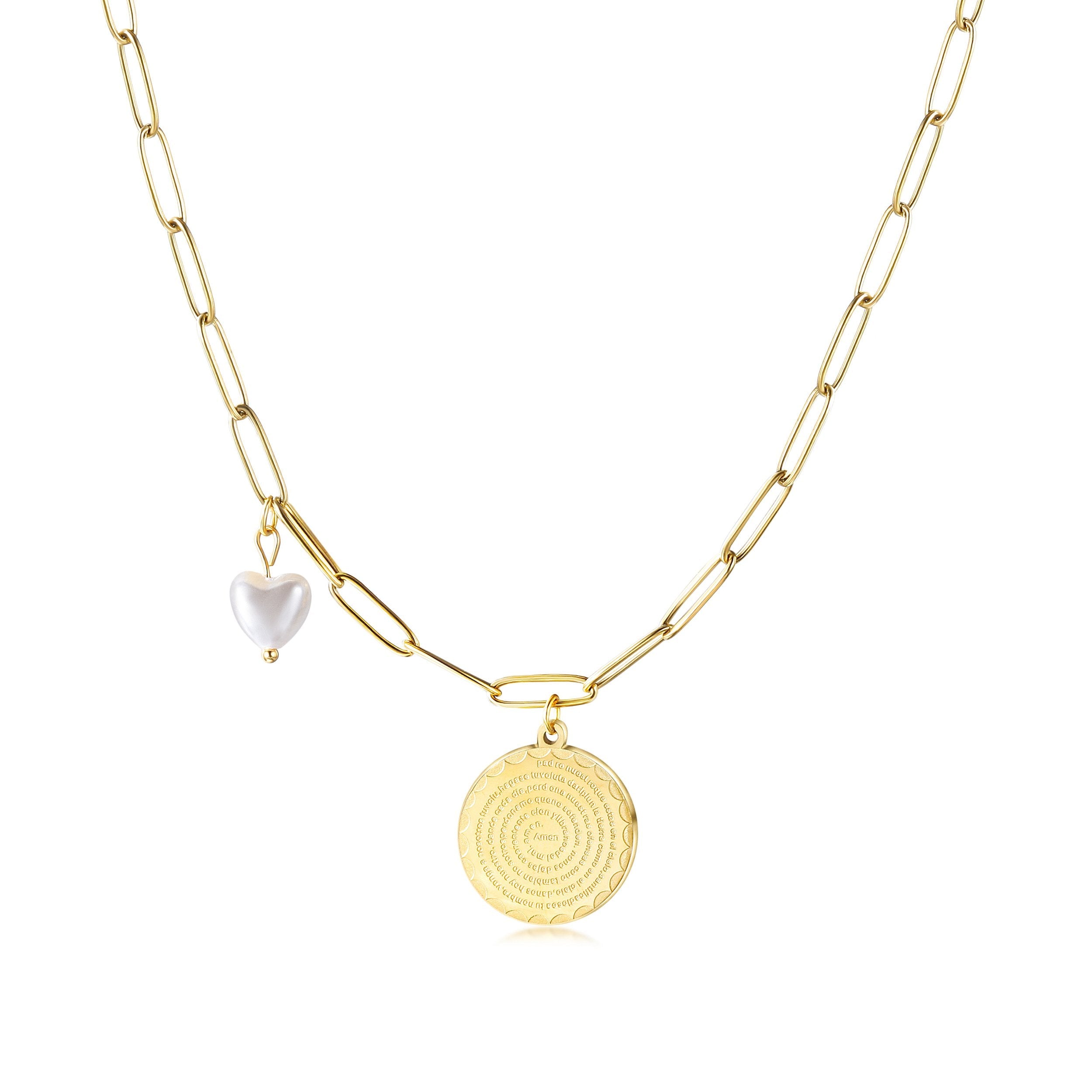 Gold Circle Pendant Necklace with Love-Shaped Pearl Bijou Her