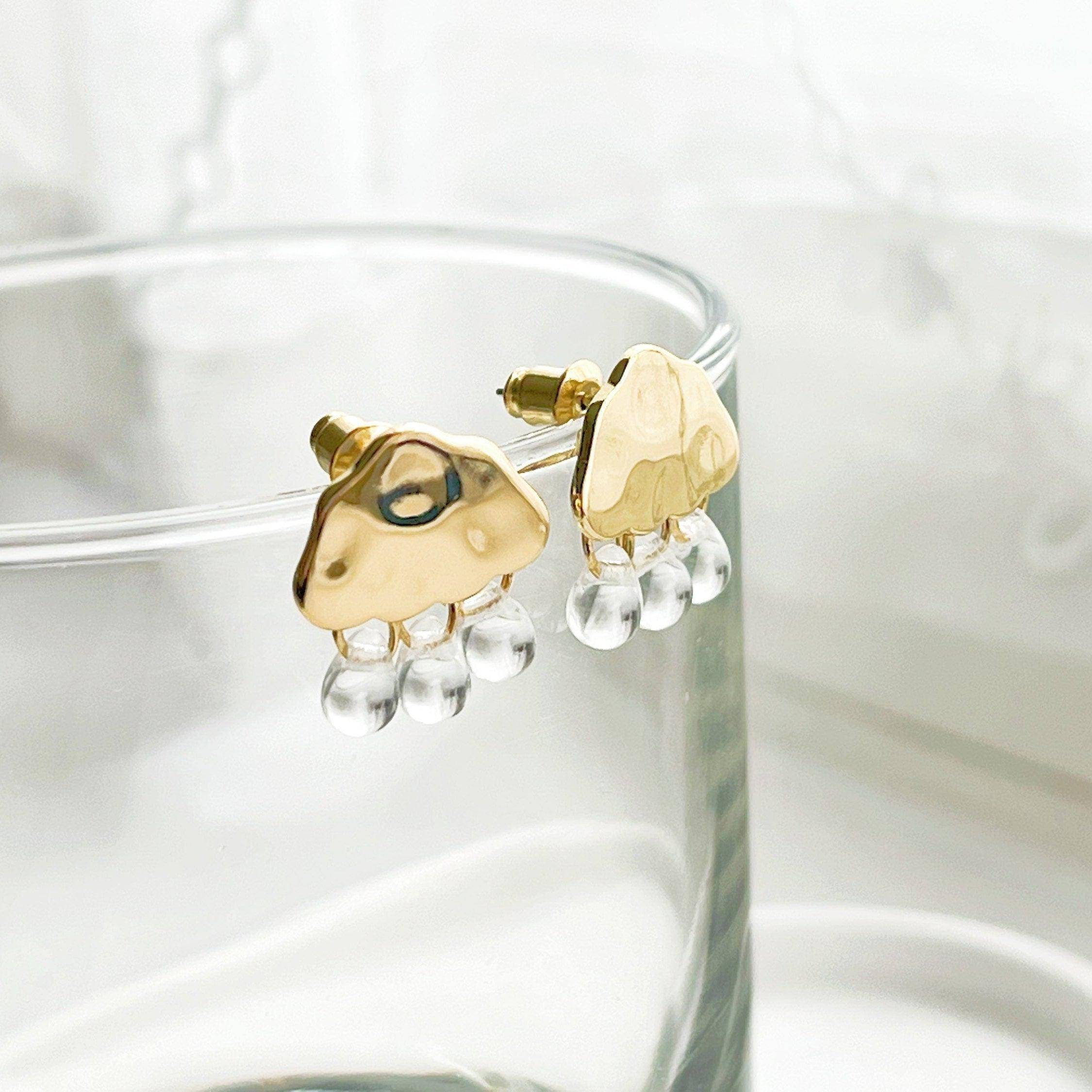 Gold Cloud and Crystal Raindrop Stud Earrings - Positive Symbol of Cloud and Rain Bijou Her