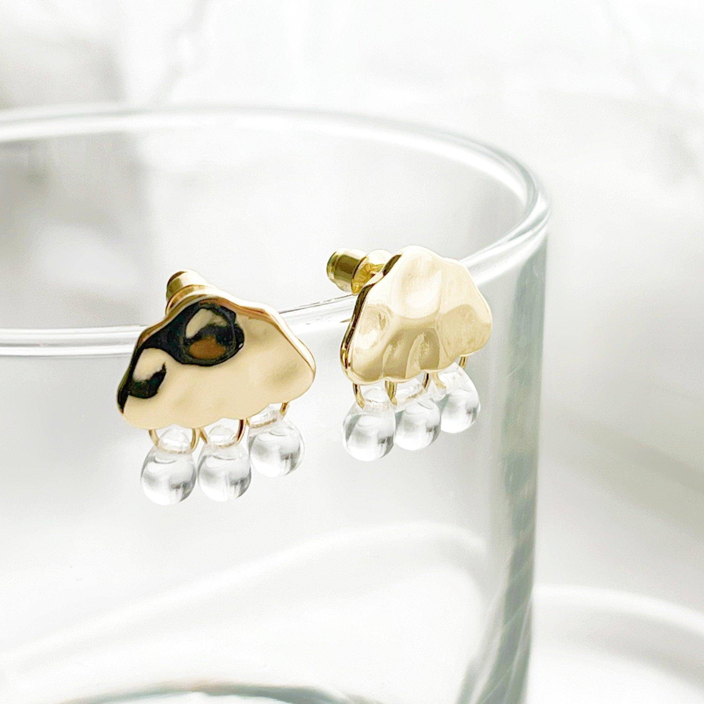 Gold Cloud and Crystal Raindrop Stud Earrings - Positive Symbol of Cloud and Rain Bijou Her