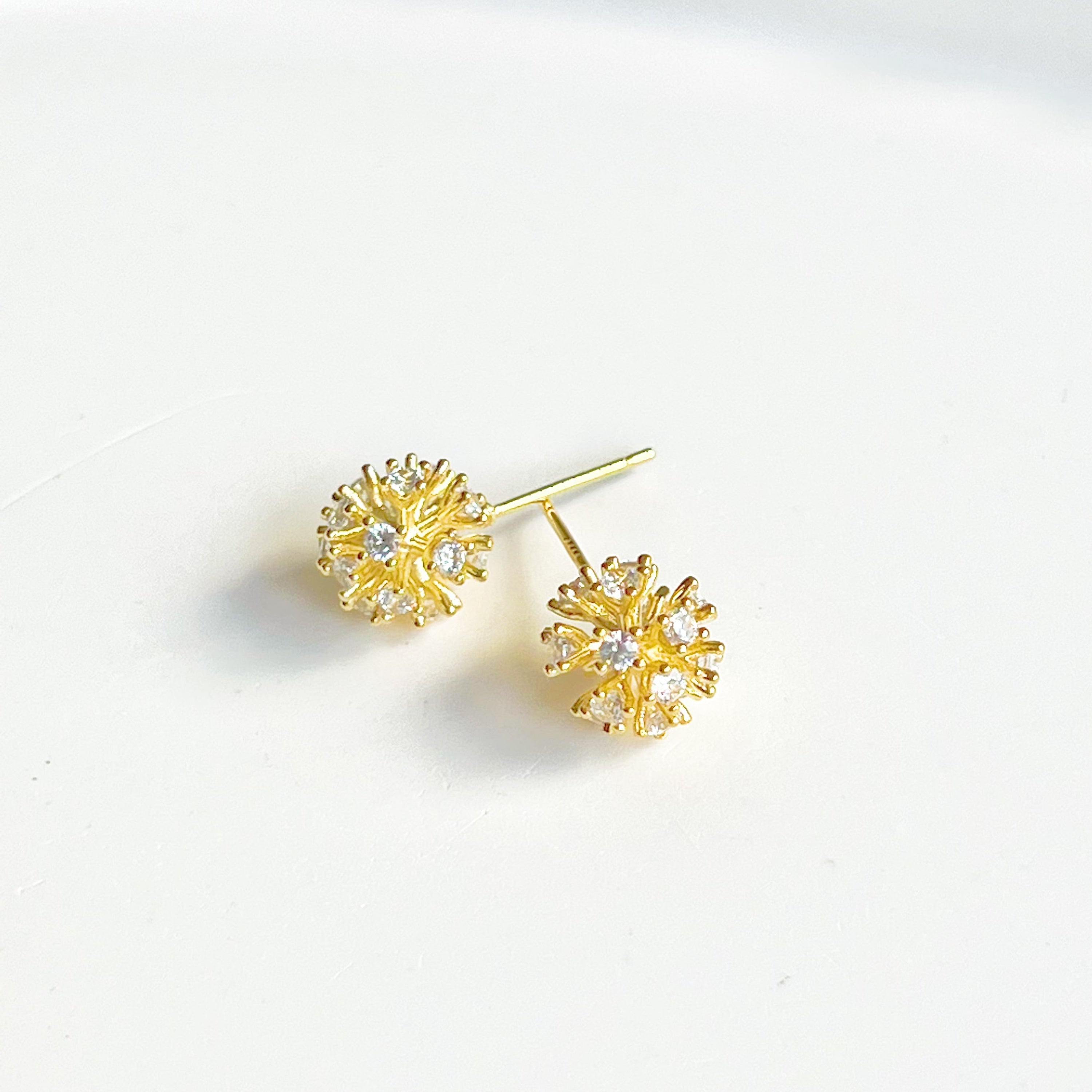 Gold Dandelion Stud Earrings with Clear Zircons - Botanical Theme Jewelry by Ninaouity Bijou Her