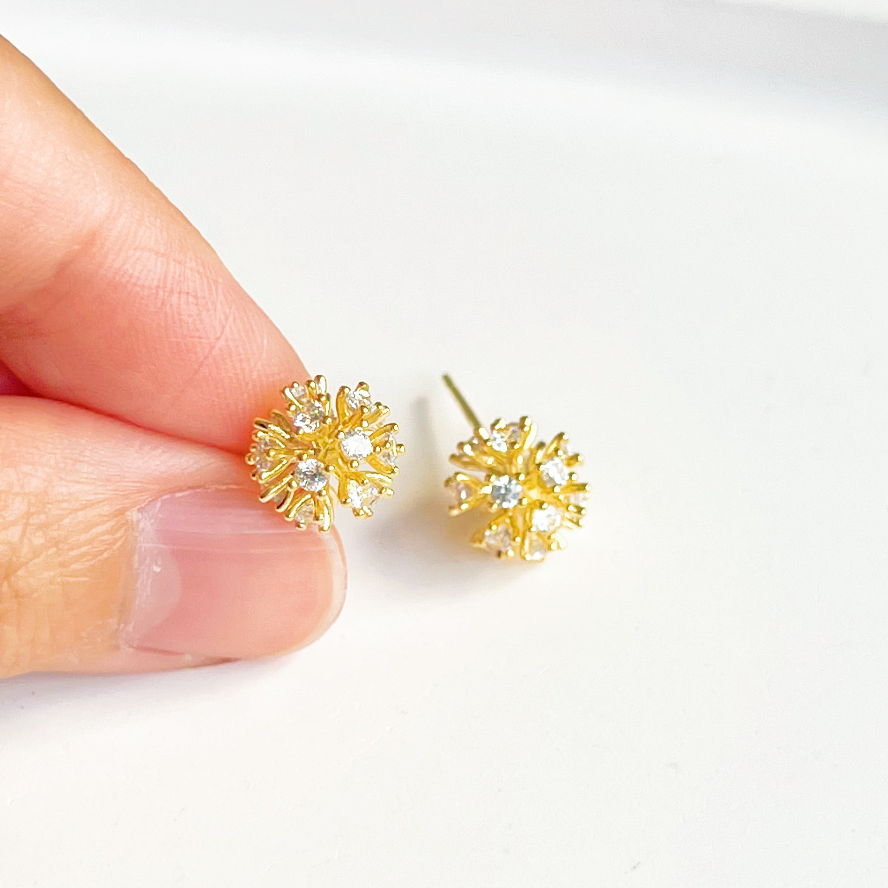 Gold Dandelion Stud Earrings with Clear Zircons - Botanical Theme Jewelry by Ninaouity Bijou Her