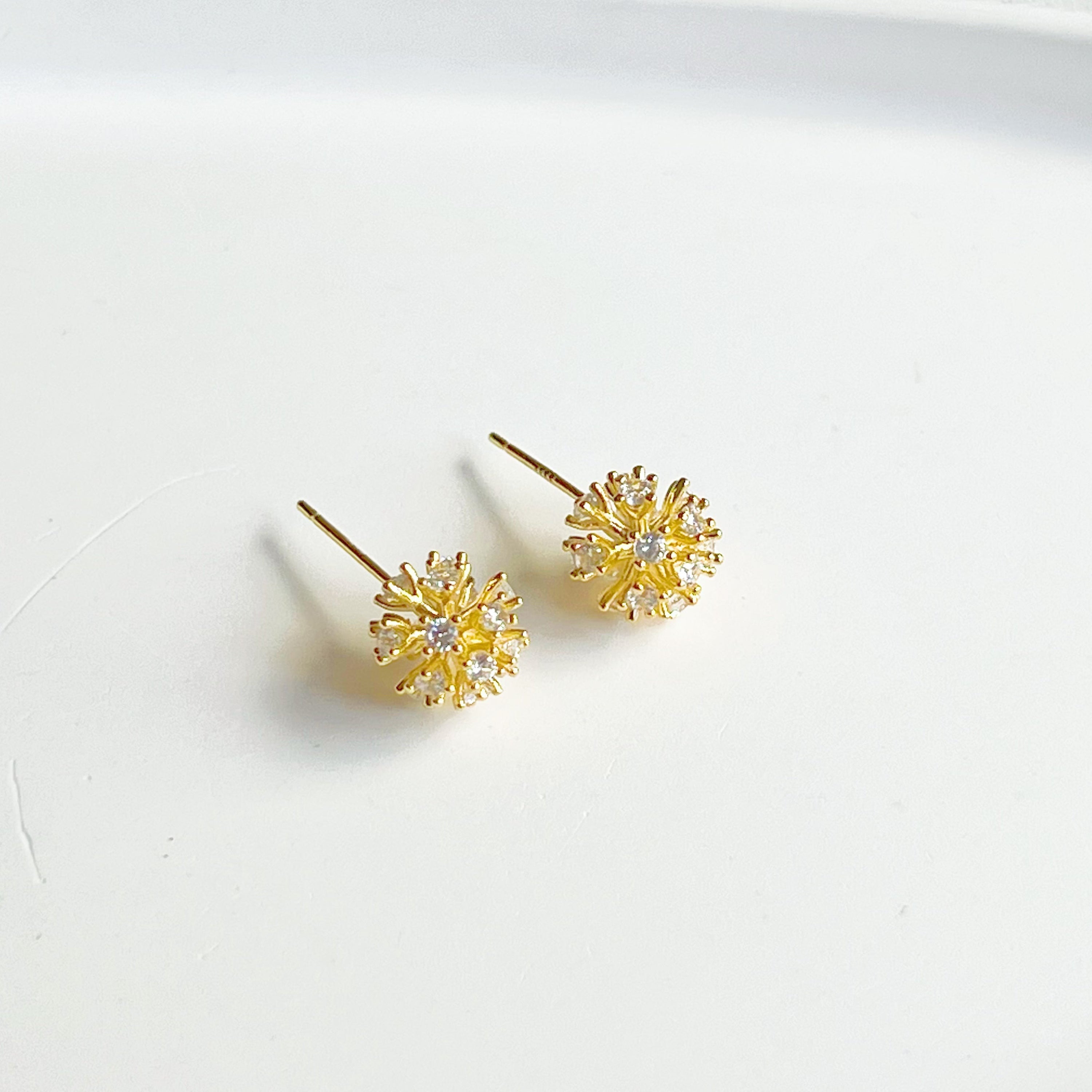 Gold Dandelion Stud Earrings with Clear Zircons - Botanical Theme Jewelry by Ninaouity Bijou Her