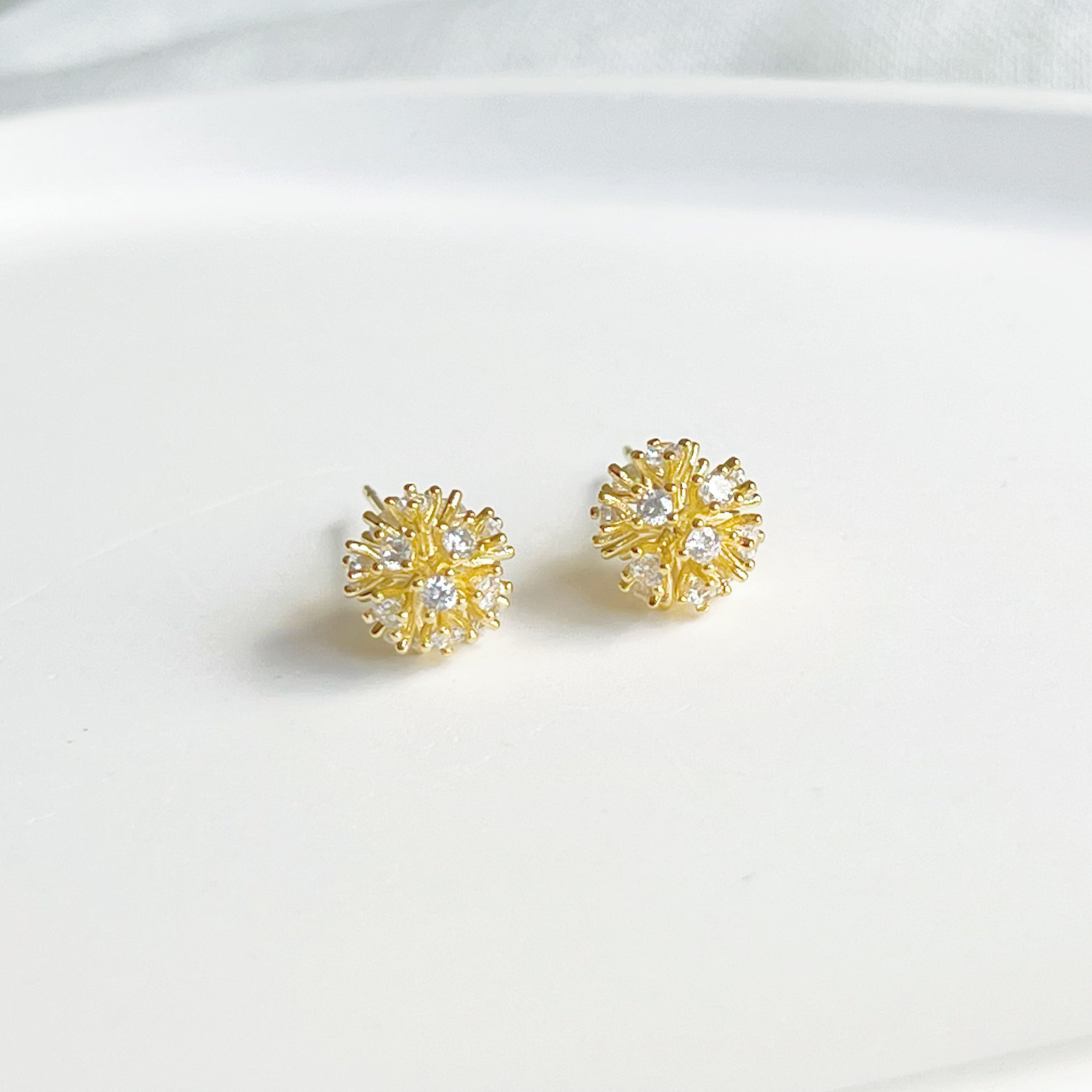 Gold Dandelion Stud Earrings with Clear Zircons - Botanical Theme Jewelry by Ninaouity Bijou Her