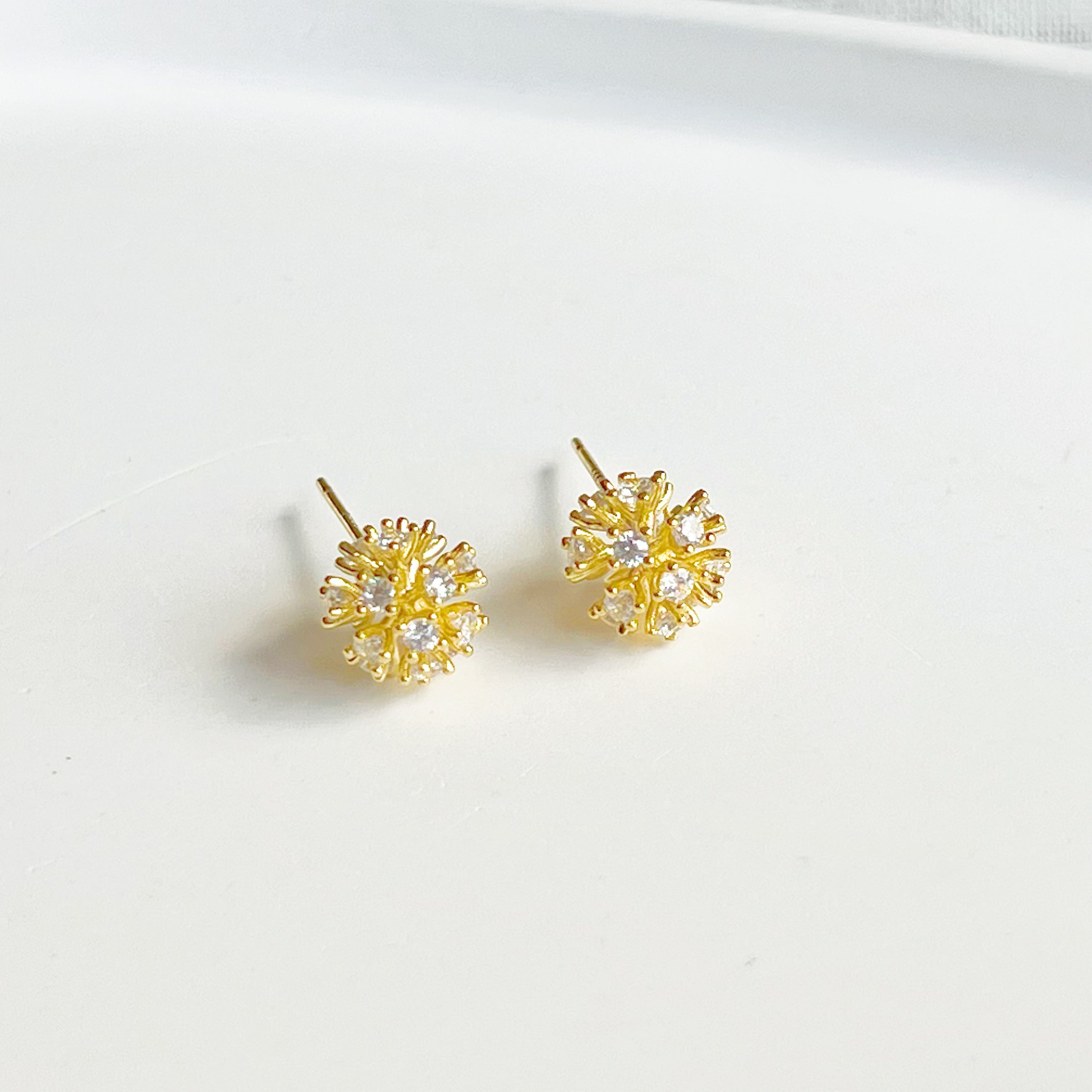 Gold Dandelion Stud Earrings with Clear Zircons - Botanical Theme Jewelry by Ninaouity Bijou Her