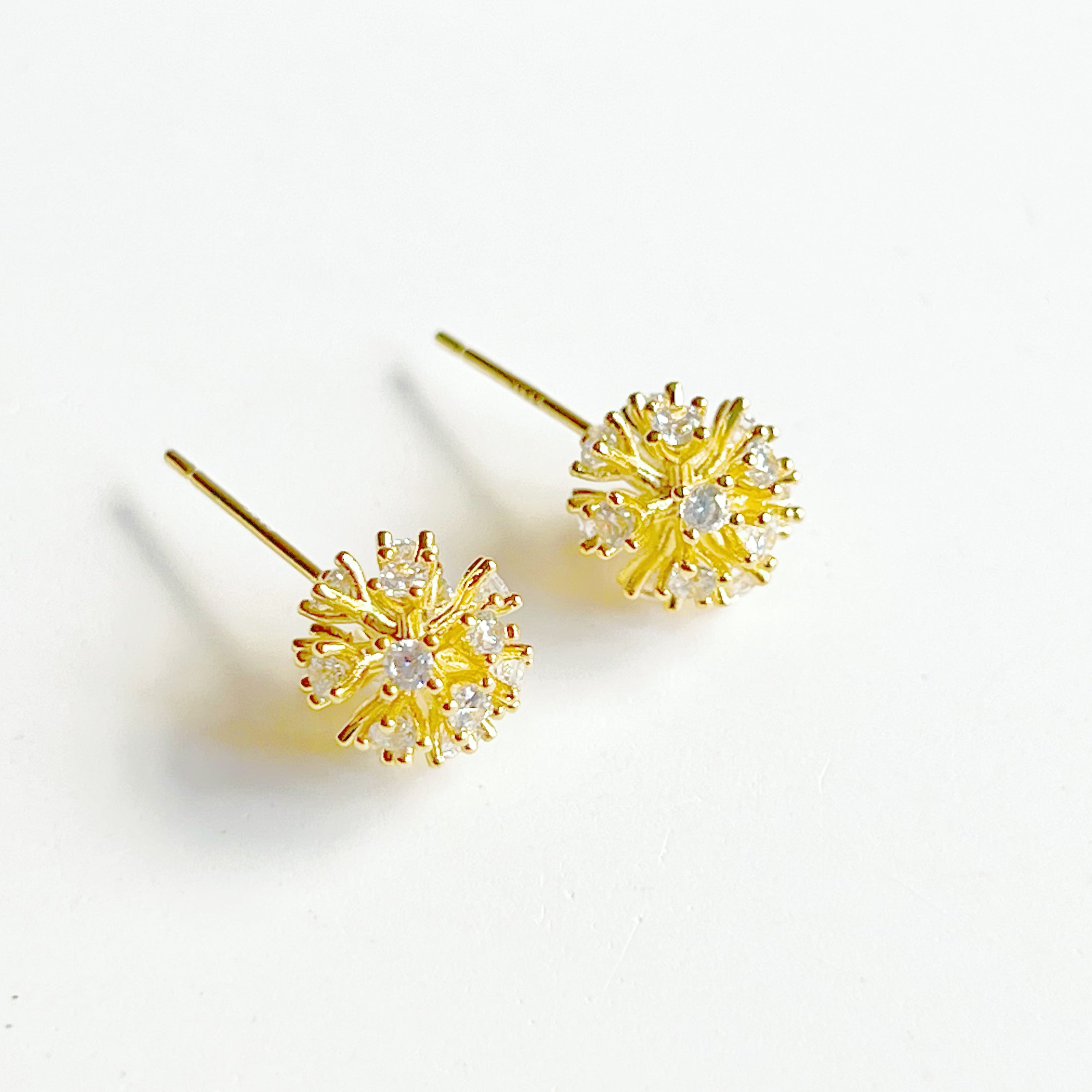 Gold Dandelion Stud Earrings with Clear Zircons - Botanical Theme Jewelry by Ninaouity Bijou Her