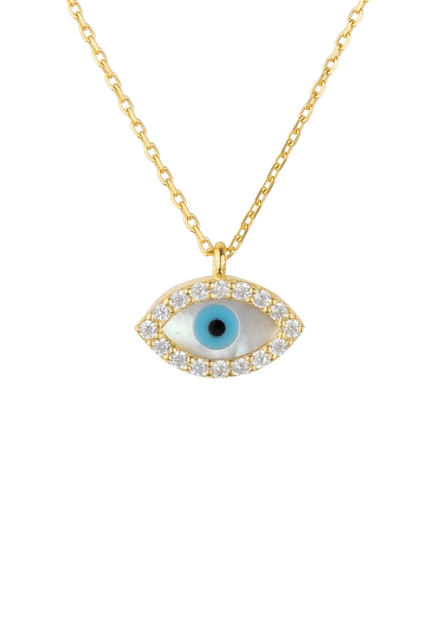Gold Evil Eye Mother of Pearl Necklace - Petite and Delicate Sterling Silver Pendant with Zircons and Adjustable Length Bijou Her
