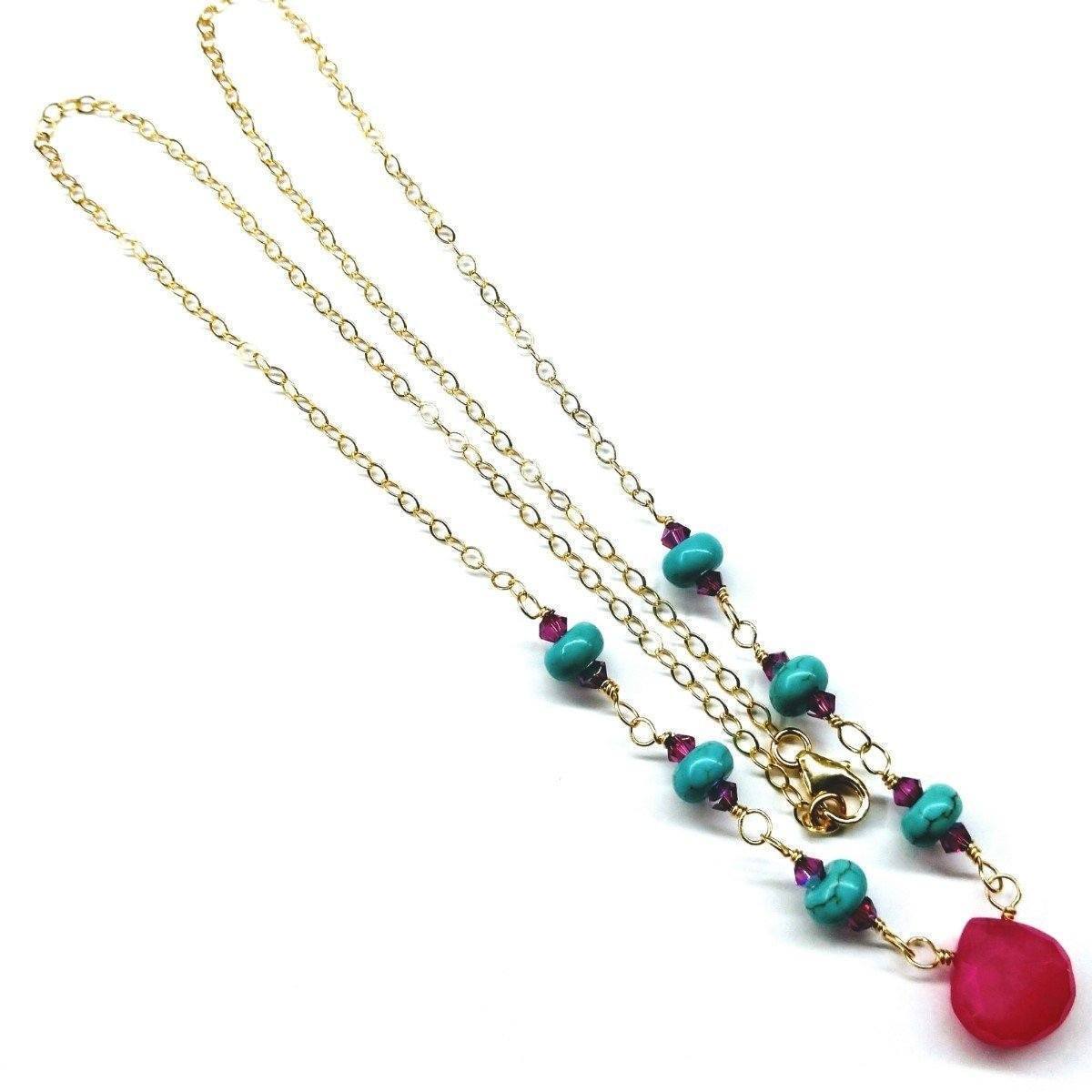 Gold Filled Pink Chalcedony Turquoise Gemstone Drop Necklace Bijou Her
